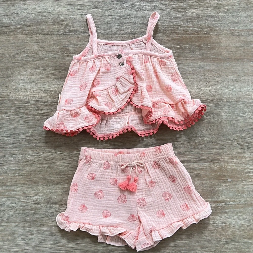 Rabbit + Bear Baby Girl Seashell Organic Cotton Matching Set 6-9 18 months